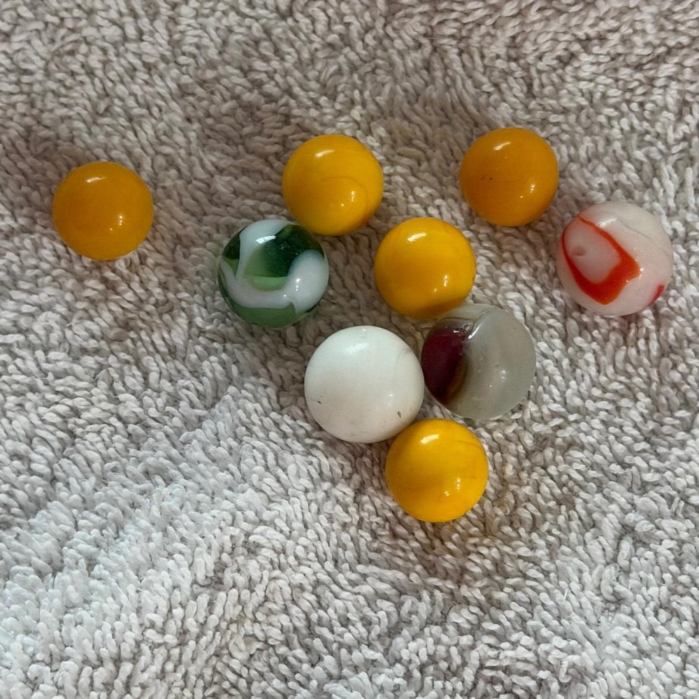 Vintage Glass Marbles Lot of 9 Swirl Cat's Eye Yellow Mixed Colors Players Games